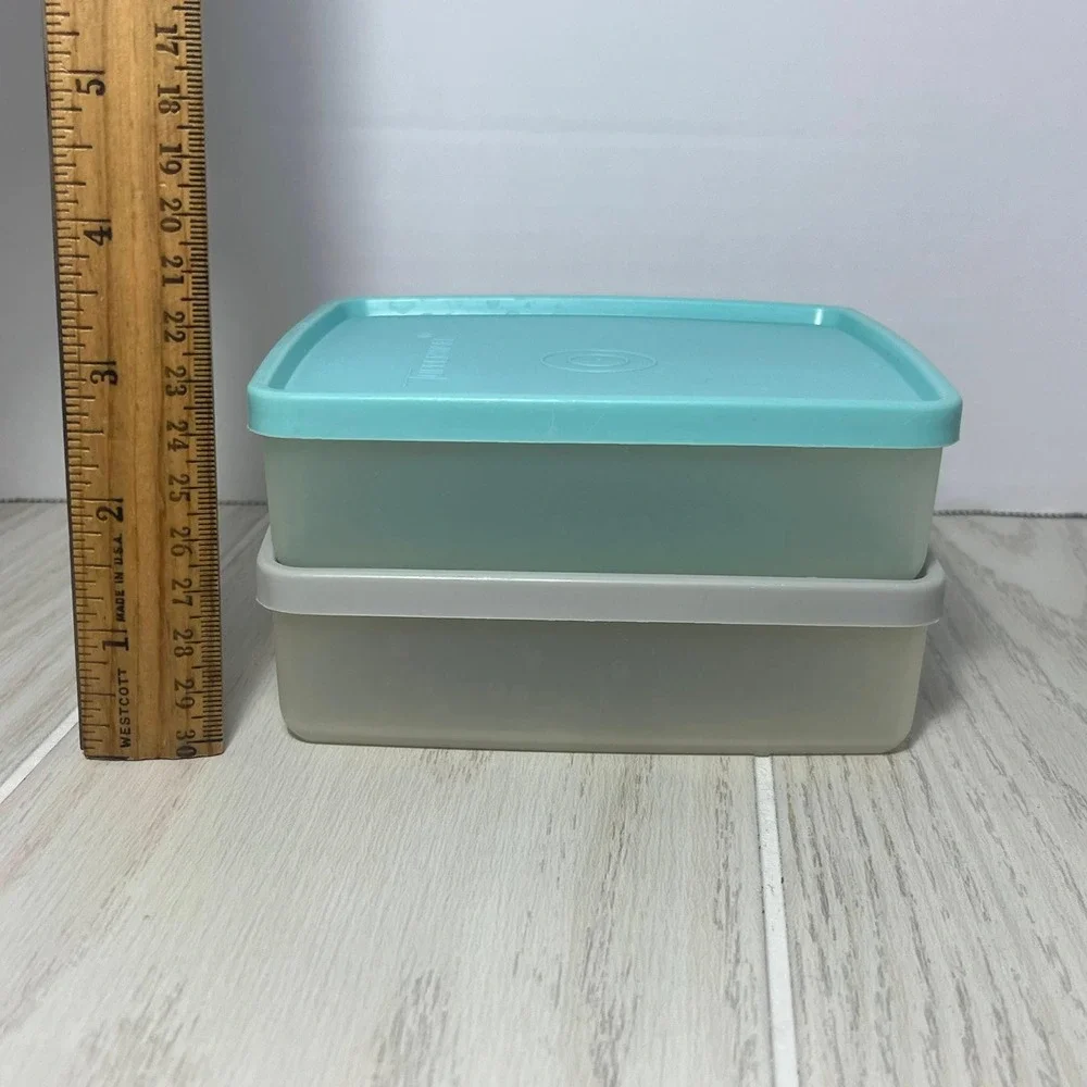 Tupperware Vintage 2 Square A Way Containers Set Clear Teal Gray Lids 670 671